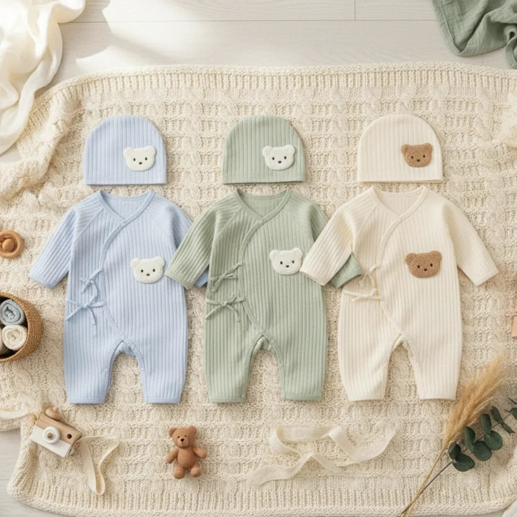 2-Piece Summer Cotton Baby Kimono Romper & Bear Hat Set