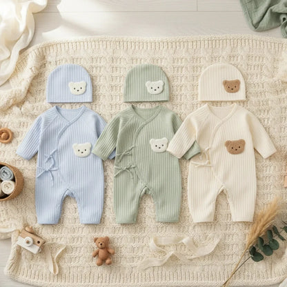 2-Piece Summer Cotton Baby Kimono Romper & Bear Hat Set