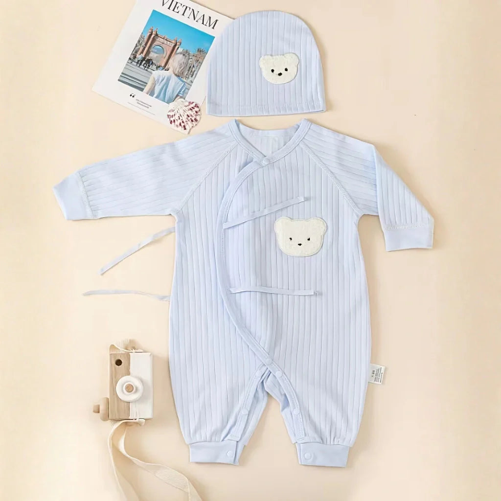 2-Piece Summer Cotton Baby Kimono Romper & Bear Hat Set
