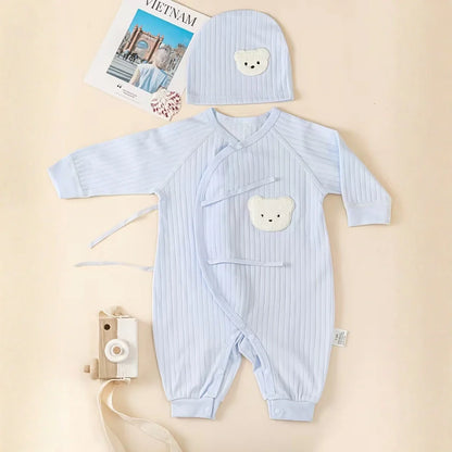 2-Piece Summer Cotton Baby Kimono Romper & Bear Hat Set