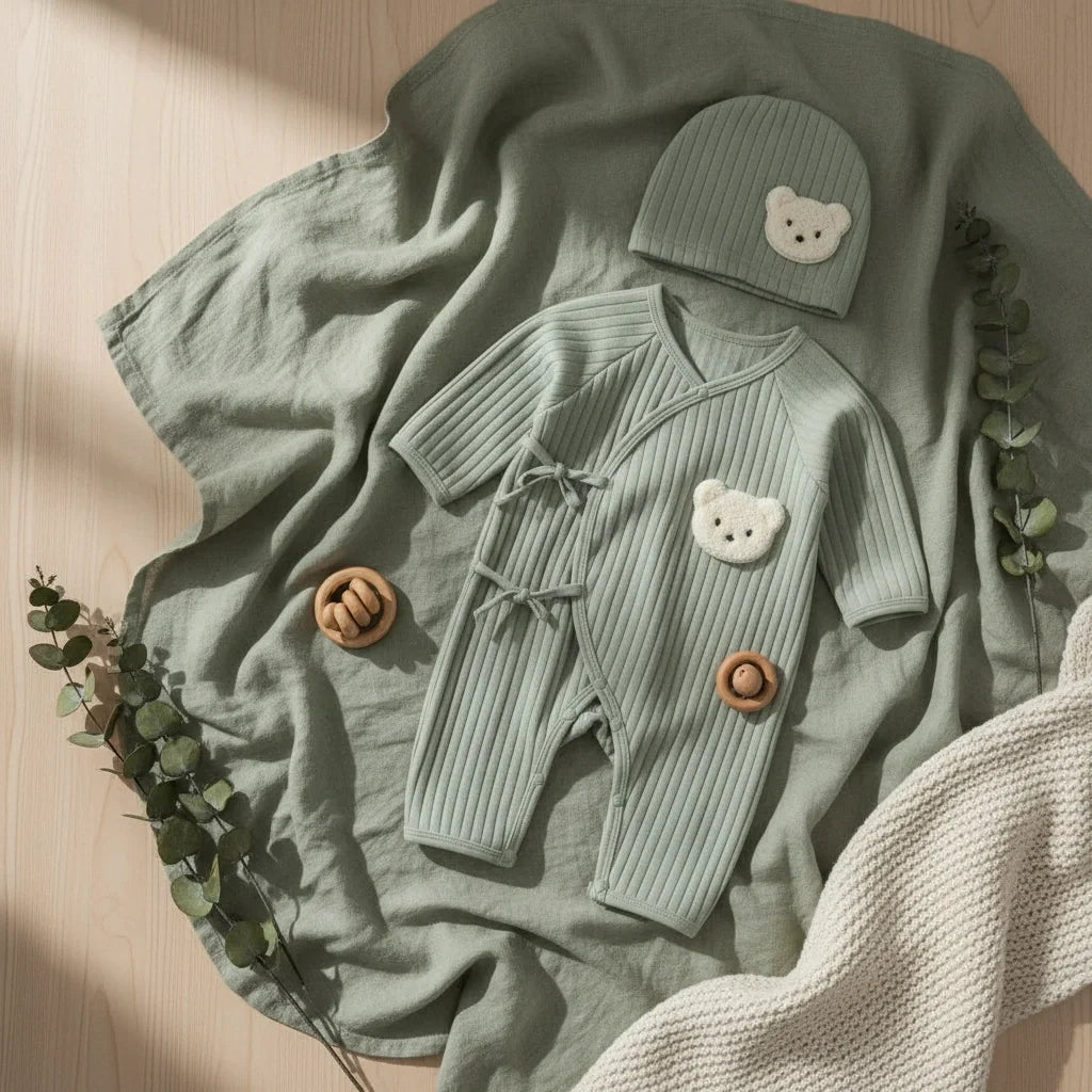 2-Piece Summer Cotton Baby Kimono Romper & Bear Hat Set