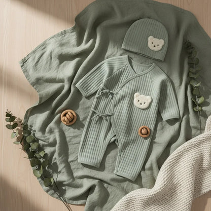 2-Piece Summer Cotton Baby Kimono Romper & Bear Hat Set